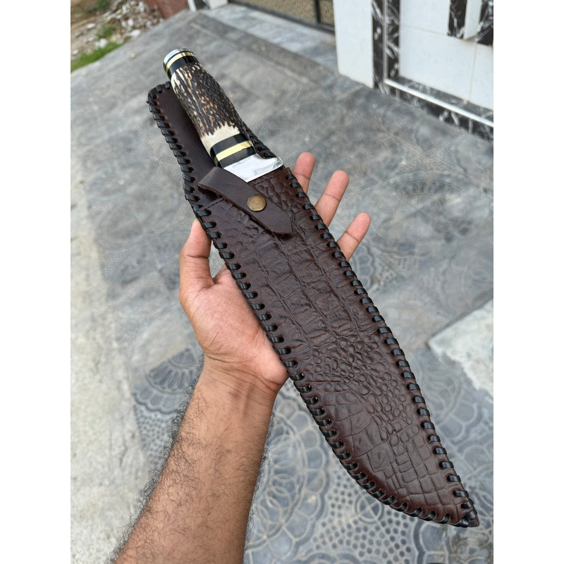 Custom Handmade J2 Steel Bowie Knife With Stag Horn Handle And Steel Guard Includes Leather Sheath 3