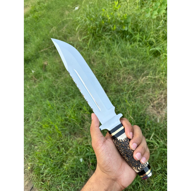 Custom Handmade J2 Steel Bowie Knife With Stag Horn Handle And Steel Guard Includes Leather Sheath 1