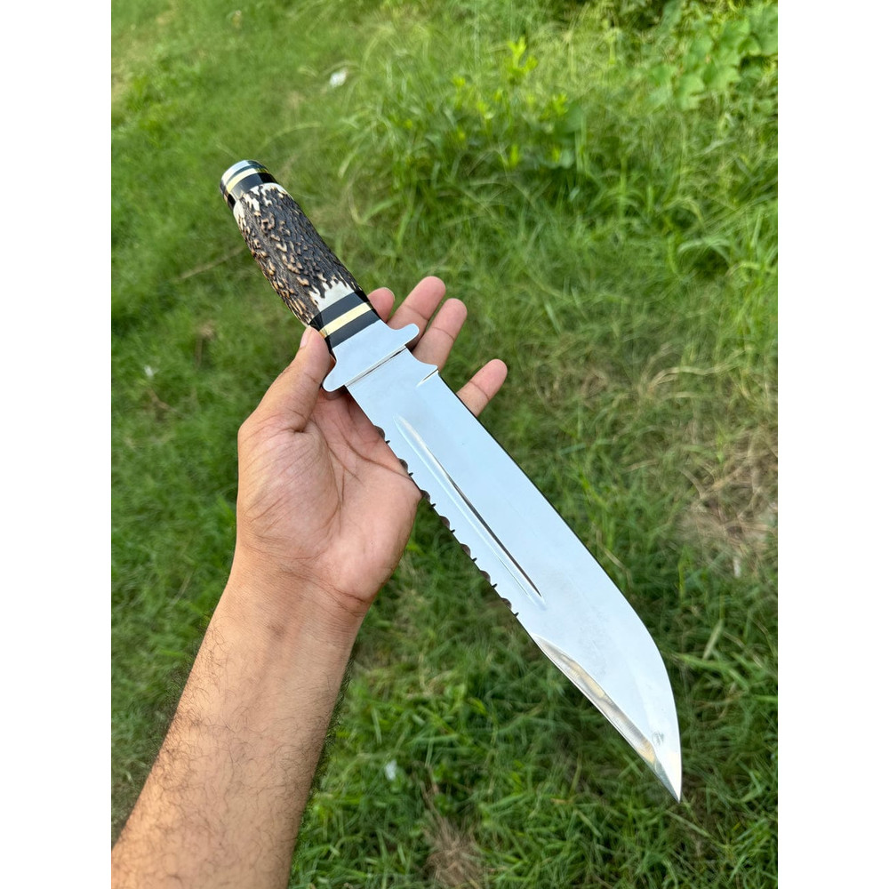 Custom Handmade J2 Steel Bowie Knife With Stag Horn Handle And Steel Guard Includes Leather Sheath 2
