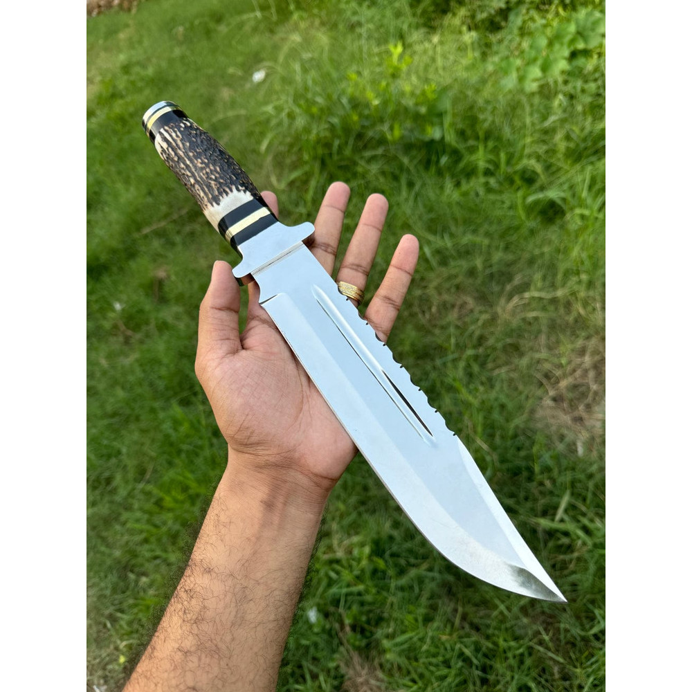 Custom Handmade J2 Steel Bowie Knife With Stag Horn Handle And Steel Guard Includes Leather Sheath 0