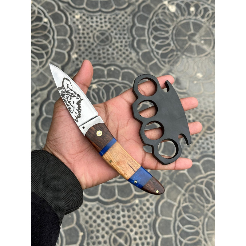 Custom Handmade Black Steel Knuckle With Pocket Knife And Belt Loop Leather Case  Solid Brass SelfDefense Duster 1