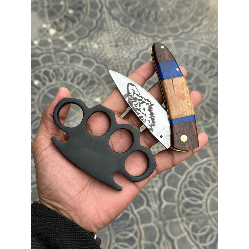Custom Handmade Black Steel Knuckle With Pocket Knife And Belt Loop Leather Case  Solid Brass SelfDefense Duster 0