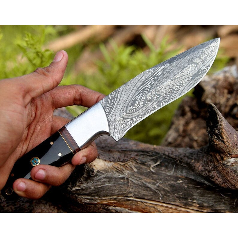 Custom Handmade Damascus Hunting Knife Rosewood Buffalo Horn Handle Steel Bolster 9 Blade With Leather Sheath 1