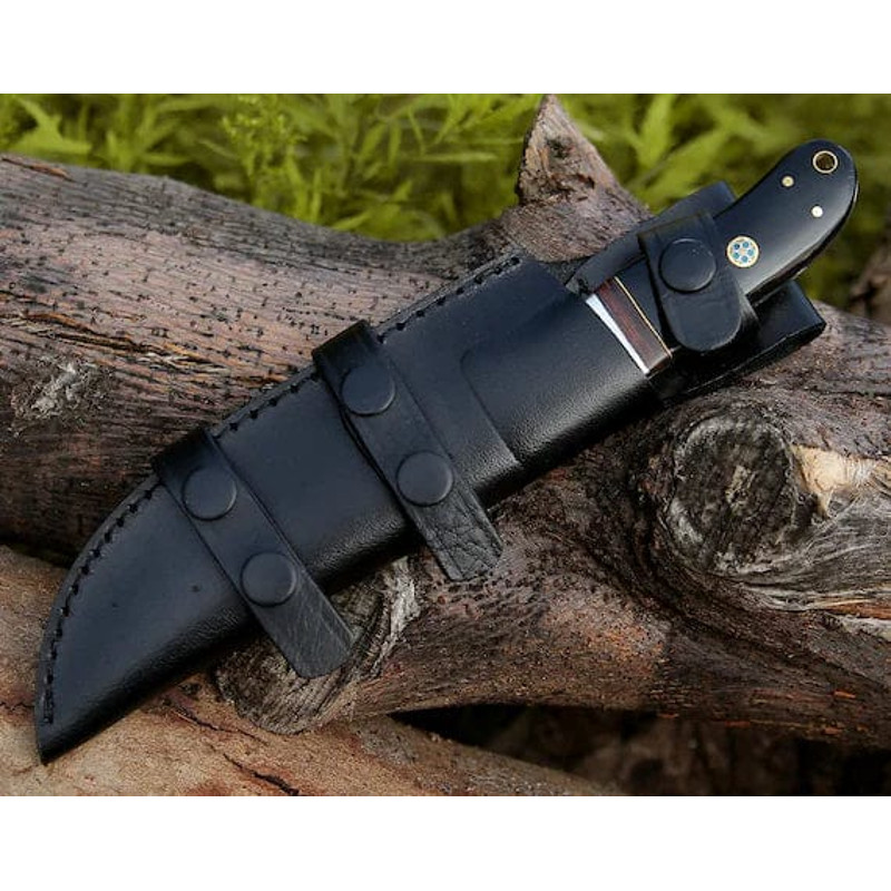 Custom Handmade Damascus Hunting Knife Rosewood Buffalo Horn Handle Steel Bolster 9 Blade With Leather Sheath 2