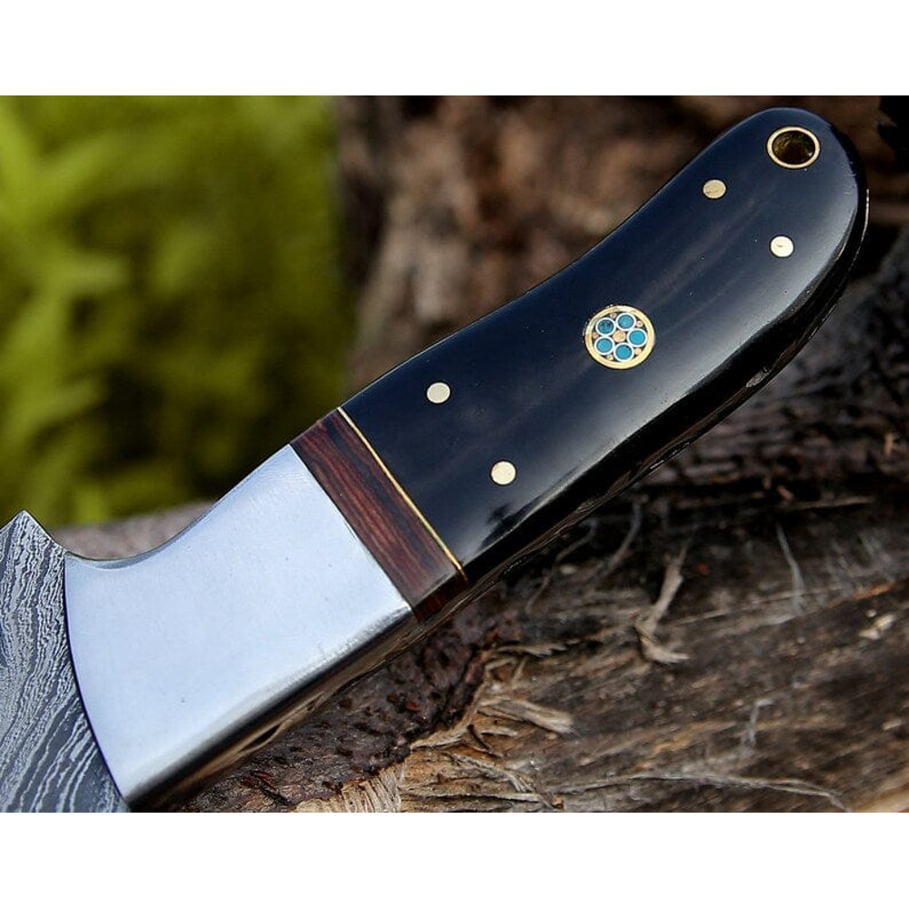 Custom Handmade Damascus Hunting Knife Rosewood Buffalo Horn Handle Steel Bolster 9 Blade With Leather Sheath 3