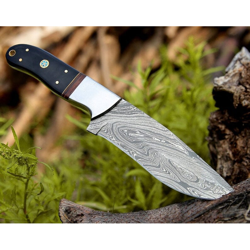 Custom Handmade Damascus Hunting Knife Rosewood Buffalo Horn Handle Steel Bolster 9 Blade With Leather Sheath 0