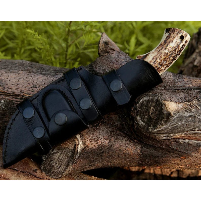 Damascus Steel Tracker Hunting Knife With Stag Horn Handle And Leather Sheath 1