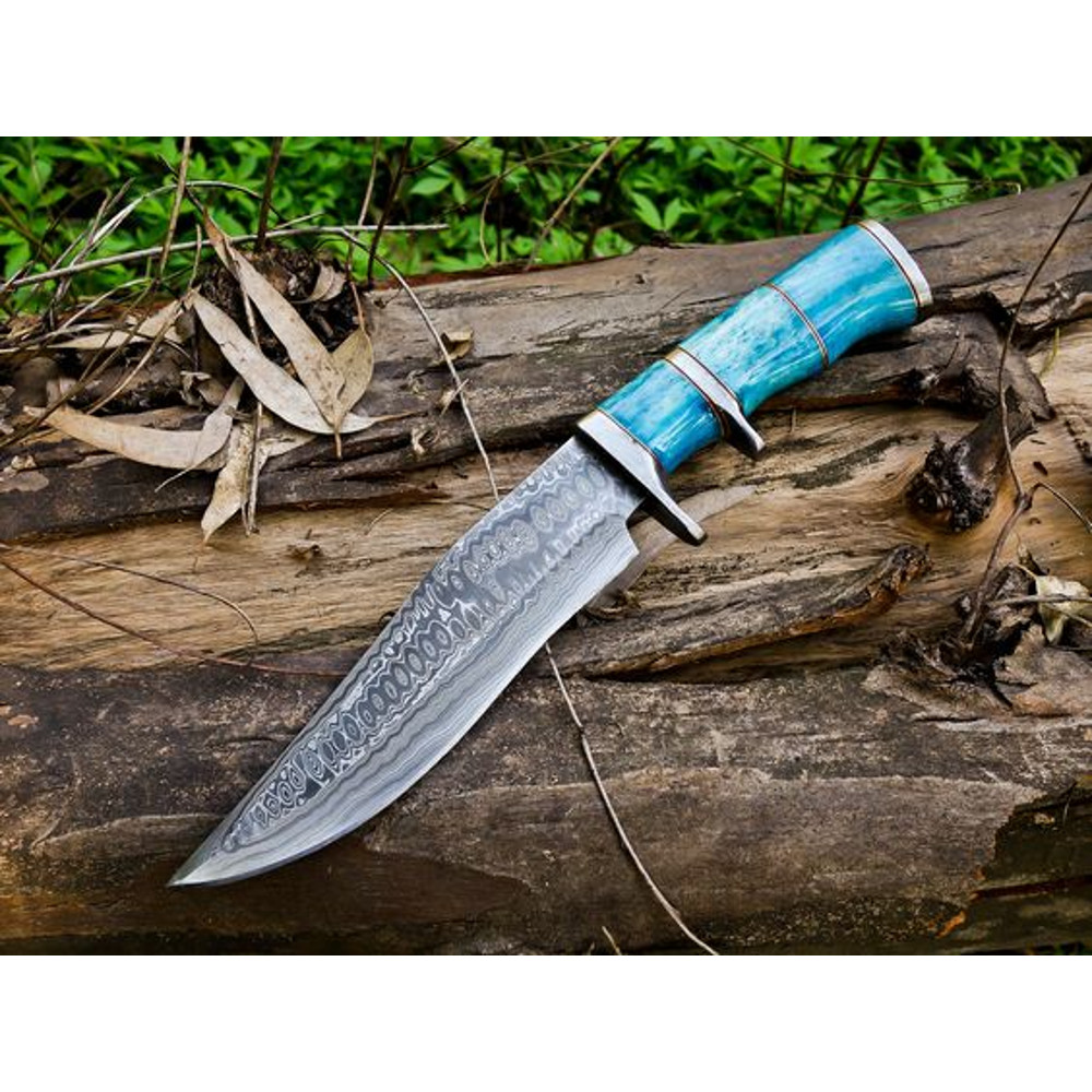 14Inch Raindrops Damascus Steel Hunting Bowie Knife Custom Handcrafted With Colored Bone Handle Leather Sheath 4