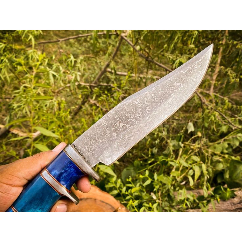 14Inch Raindrops Damascus Steel Hunting Bowie Knife Custom Handcrafted With Colored Bone Handle Leather Sheath 3