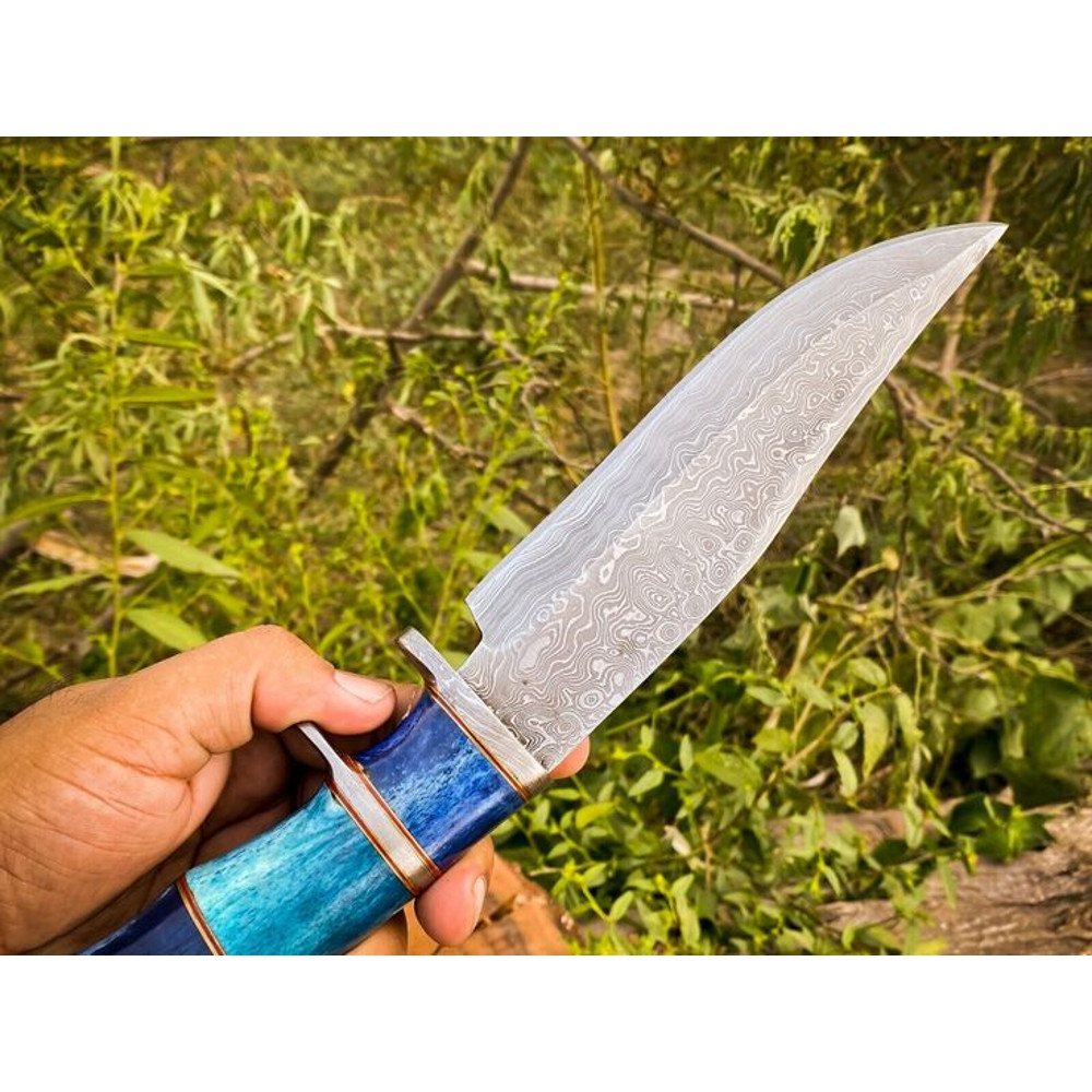 14Inch Raindrops Damascus Steel Hunting Bowie Knife Custom Handcrafted With Colored Bone Handle Leather Sheath 2