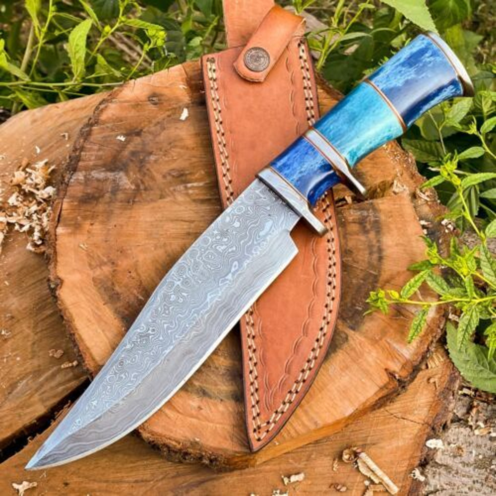 14Inch Raindrops Damascus Steel Hunting Bowie Knife Custom Handcrafted With Colored Bone Handle Leather Sheath 0