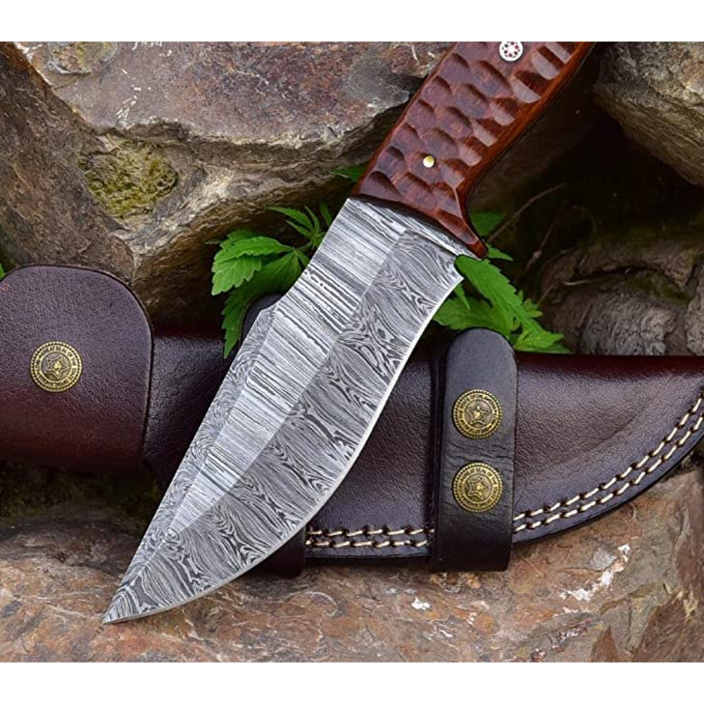 Masterpiece In Steel 10inch Damascus Hunting Knife With Rosewood Handle And Leather Sheath 3