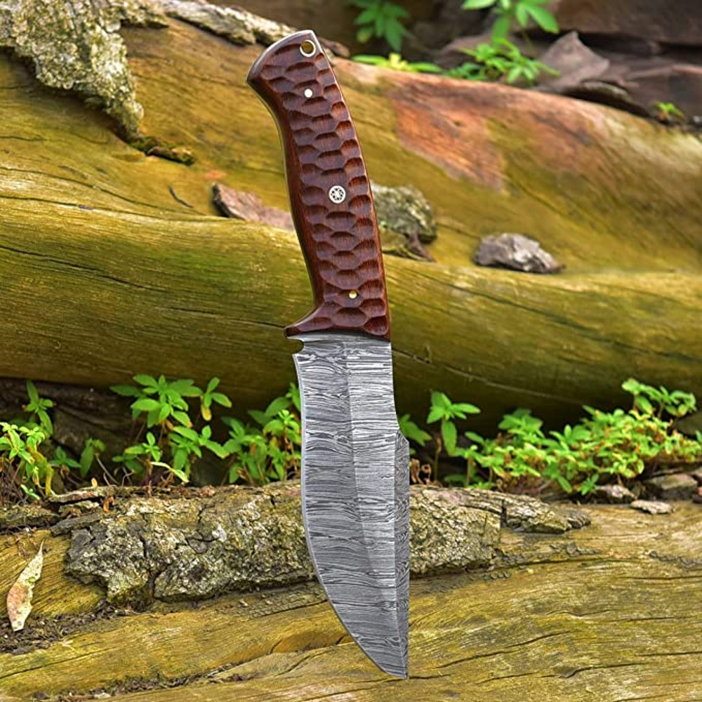 Masterpiece In Steel 10inch Damascus Hunting Knife With Rosewood Handle And Leather Sheath 2