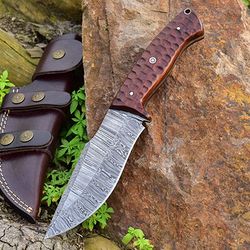 masterpiece in steel: 10-inch damascus hunting knife with rosewood handle and leather sheath
