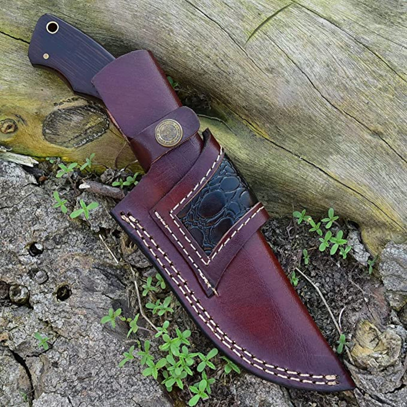 Custom Handmade Damascus Hunting Knife With Rose Wood Handle And Leather Sheath 0