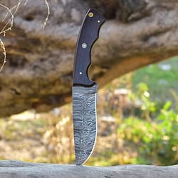 custom handmade damascus hunting knife with rose wood handle and leather sheath