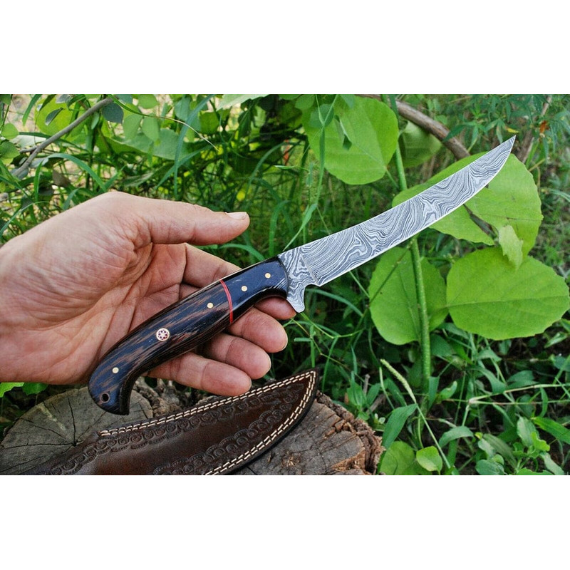 Custom Handmade Damascus Fishing Fillet Knife Blade With Wenge Wood And Micarta Handle  Leather Sheath 2