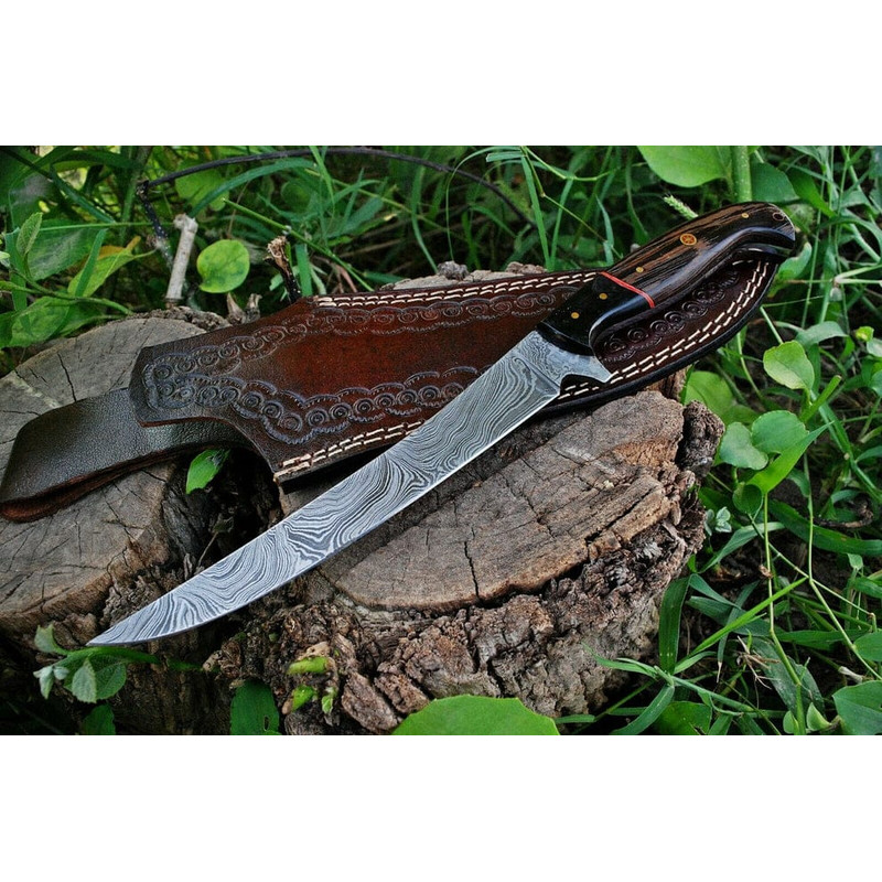 Custom Handmade Damascus Fishing Fillet Knife Blade With Wenge Wood And Micarta Handle  Leather Sheath 1