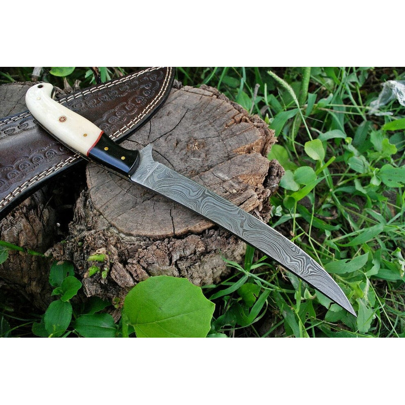Custom Handmade Damascus Fishing Fillet Knife Blade With Bone And Micarta Handle  Leather Sheath Flexible Fillet Knives 1