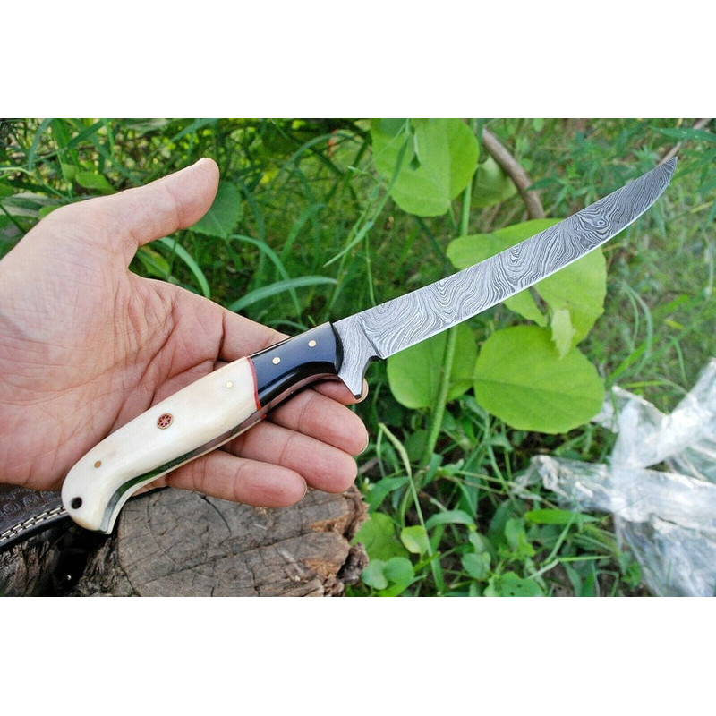 Custom Handmade Damascus Fishing Fillet Knife Blade With Bone And Micarta Handle  Leather Sheath Flexible Fillet Knives 2