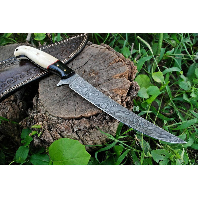 Custom Handmade Damascus Fishing Fillet Knife Blade With Bone And Micarta Handle  Leather Sheath Flexible Fillet Knives 3