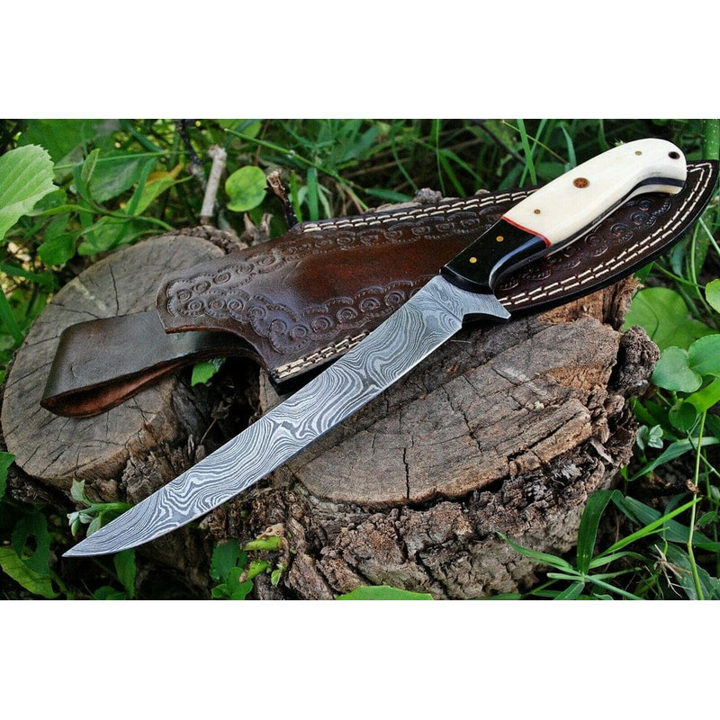 Custom Handmade Damascus Fishing Fillet Knife Blade With Bone And Micarta Handle  Leather Sheath Flexible Fillet Knives 0