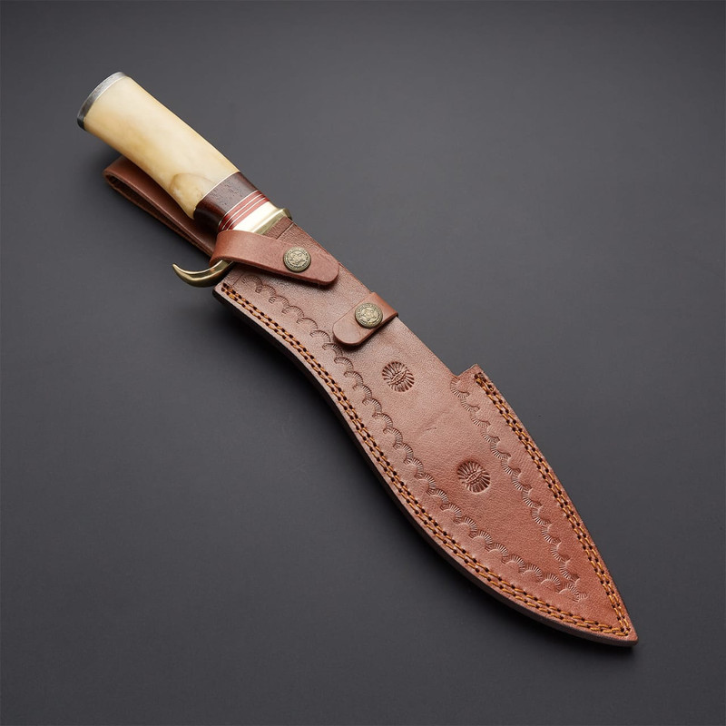 Custom Handmade Damascus Steel Camy Kukri Knife Camel Bone Handle With Leather Sheath Blade Frenzy 3