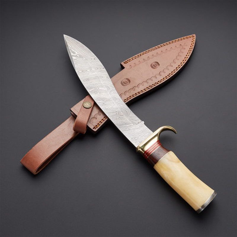 Custom Handmade Damascus Steel Camy Kukri Knife Camel Bone Handle With Leather Sheath Blade Frenzy 0