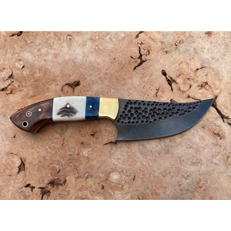 Hammered Rustic High Carbon Skinner Knife With Stag Dollar Wood Handle Hunting Knife Includes High Quality Leather 1