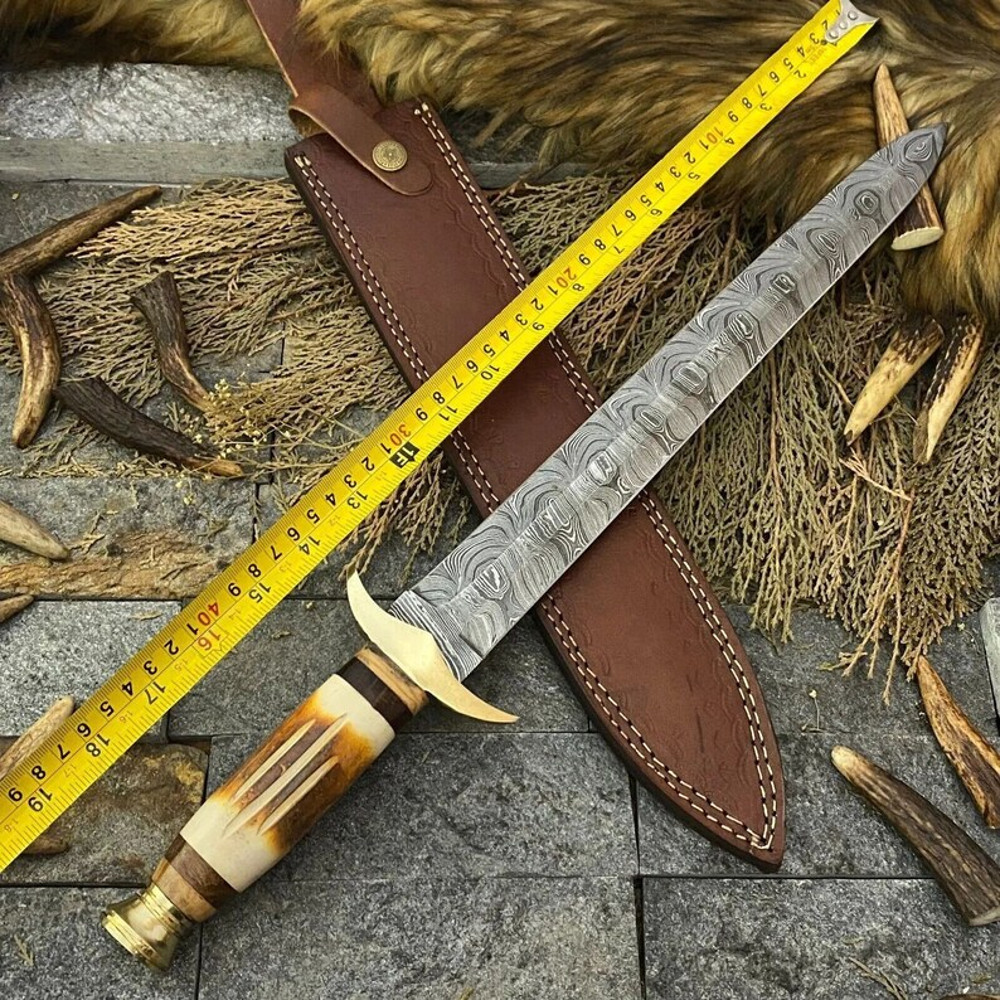 Custom Handmade Sword Damascus Steel Gift For Her Hunting Knife Bowie Gift For Husband Viking Knife Camel Bone Handle 5