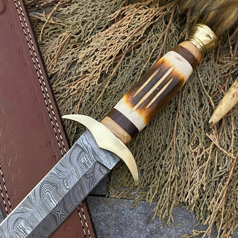 Custom Handmade Sword Damascus Steel Gift For Her Hunting Knife Bowie Gift For Husband Viking Knife Camel Bone Handle 7