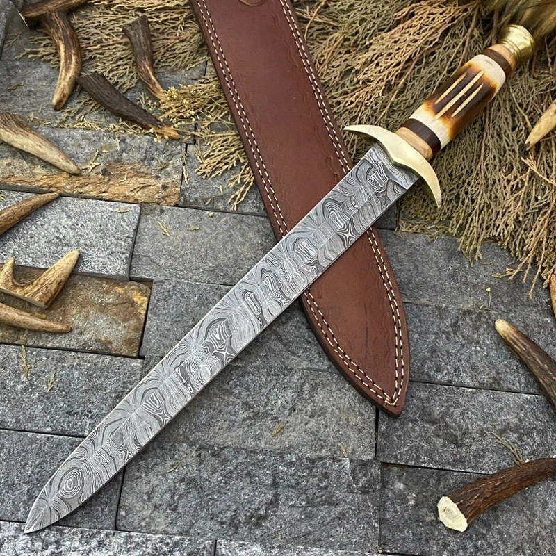 Custom Handmade Sword Damascus Steel Gift For Her Hunting Knife Bowie Gift For Husband Viking Knife Camel Bone Handle 4