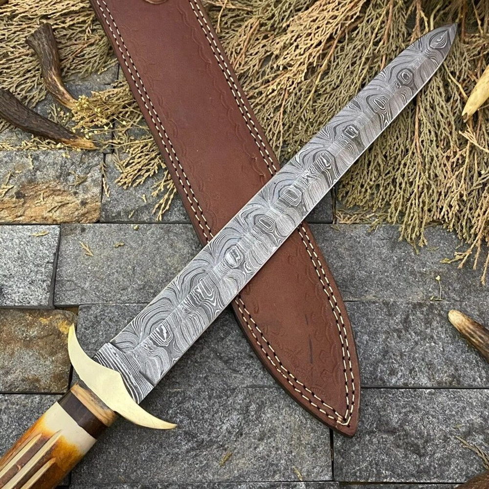 Custom Handmade Sword Damascus Steel Gift For Her Hunting Knife Bowie Gift For Husband Viking Knife Camel Bone Handle 3