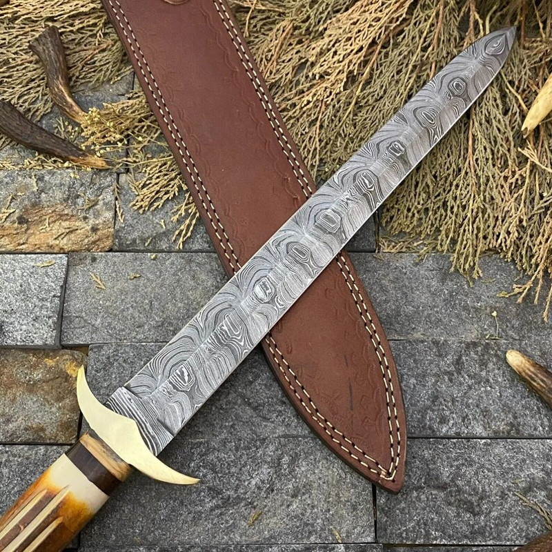 Custom Handmade Sword Damascus Steel Gift For Her Hunting Knife Bowie Gift For Husband Viking Knife Camel Bone Handle 3