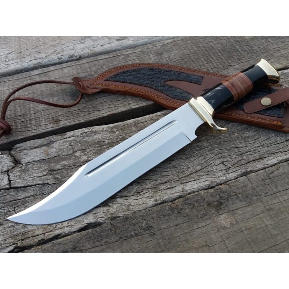 17 Inches Custom Handmade Mirror Polish D2 Tool Steel Hunting Bowie Knife With Premium Leather Sheath 0