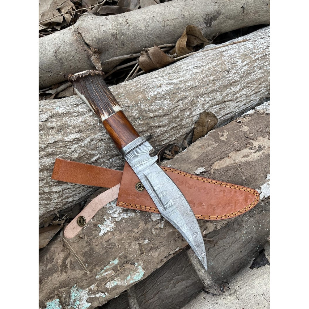 Damascus Steel Bowie Knife With The Handle Of Camel Bone And Stag Crown Viking Knife Stag Crown Camel Bone Engraved 1