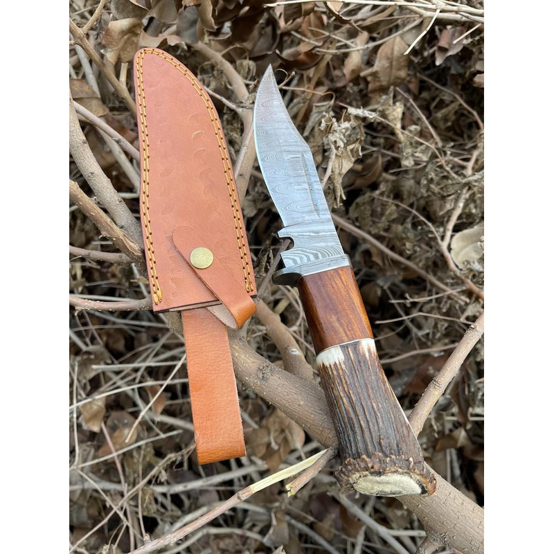 Damascus Steel Bowie Knife With The Handle Of Camel Bone And Stag Crown Viking Knife Stag Crown Camel Bone Engraved 2