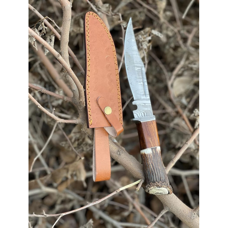 Damascus Steel Bowie Knife With The Handle Of Camel Bone And Stag Crown Viking Knife Stag Crown Camel Bone Engraved 3