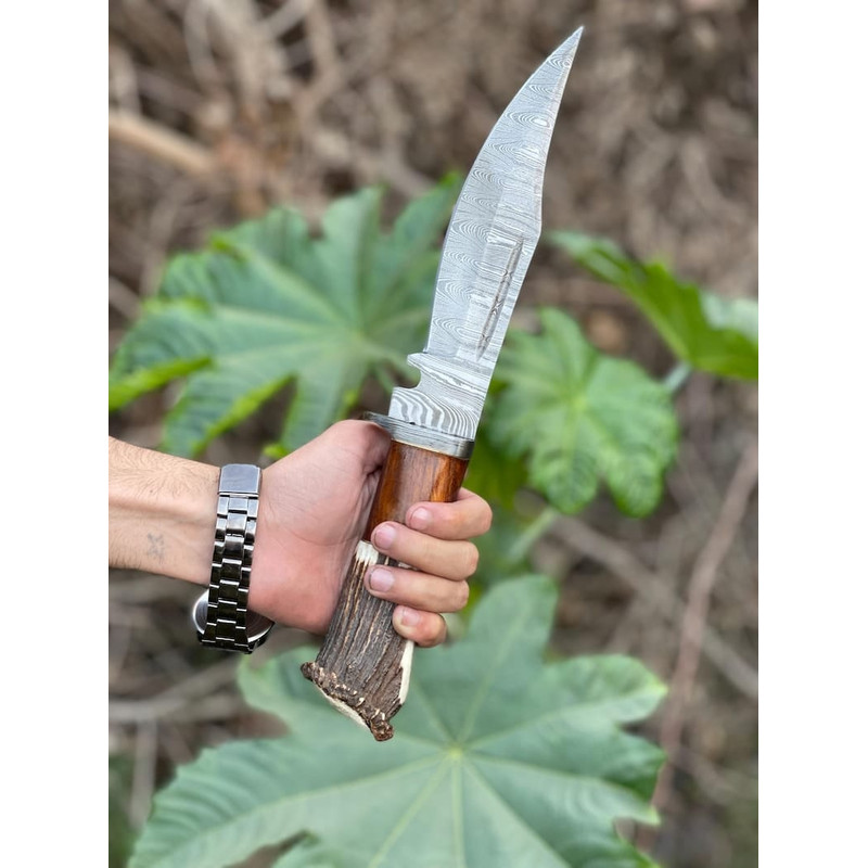 Damascus Steel Bowie Knife With The Handle Of Camel Bone And Stag Crown Viking Knife Stag Crown Camel Bone Engraved 4