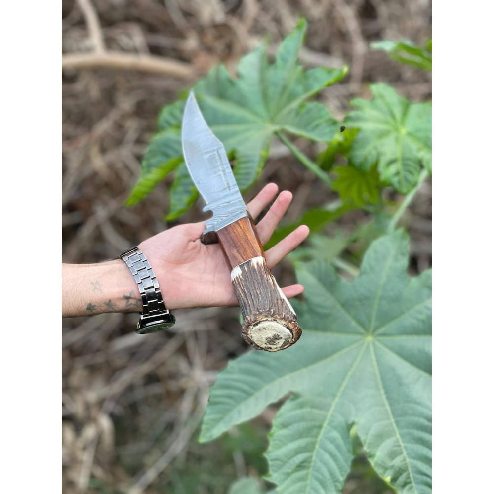 Damascus Steel Bowie Knife With The Handle Of Camel Bone And Stag Crown Viking Knife Stag Crown Camel Bone Engraved 5