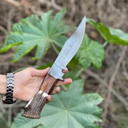 damascus steel bowie knife with the handle of camel bone and stag crown, viking knife, stag crown, camel bone, engraved