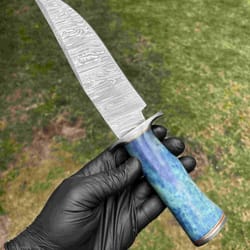custom damascus steel bowie knife with color bone handle and damascus steel guard includes leather sheath, hunting knife