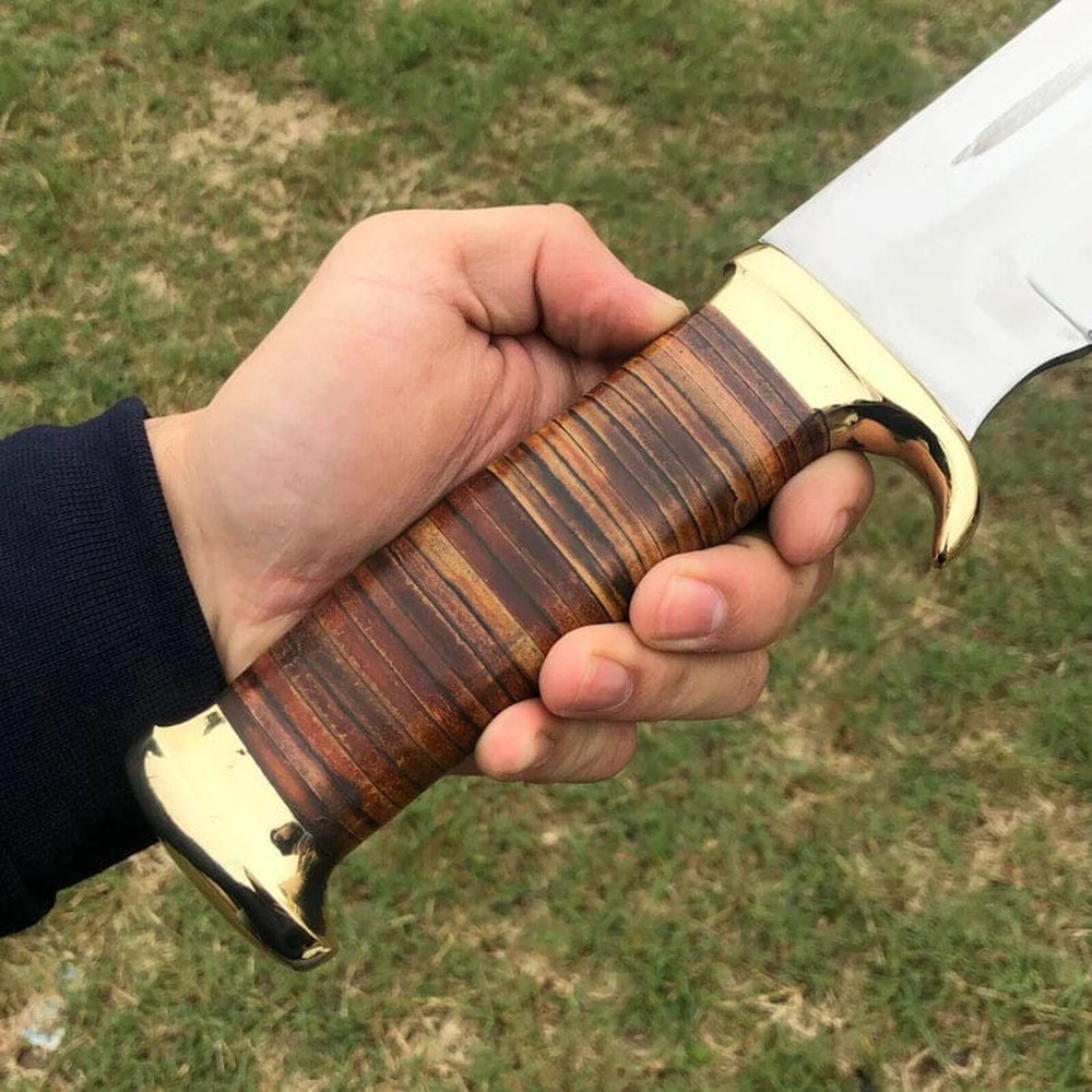 Custom Handmade J2 Steel Crocodile Dundee Bowie Knife With Brass Guard Leather Sheath Premium Quality Outdoor Knife 0