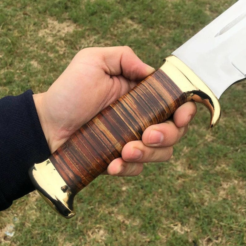 Custom Handmade J2 Steel Crocodile Dundee Bowie Knife With Brass Guard Leather Sheath Premium Quality Outdoor Knife 0