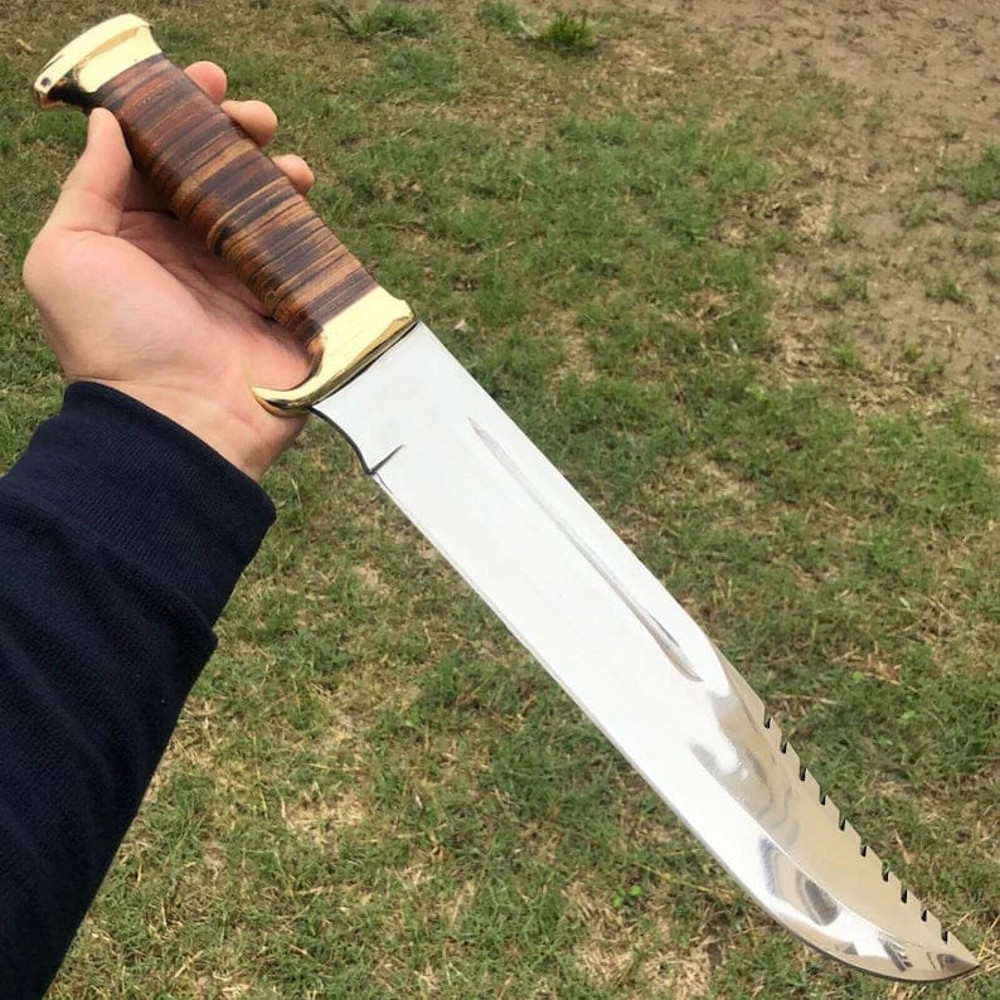 Custom Handmade J2 Steel Crocodile Dundee Bowie Knife With Brass Guard Leather Sheath Premium Quality Outdoor Knife 2