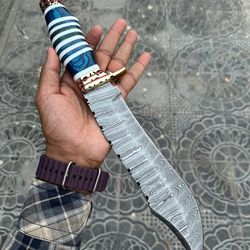 the masterpiece bowie: 14-inch damascus steel bowie knife with exotic pakka wood, bone, brass guard, and spacers, knife