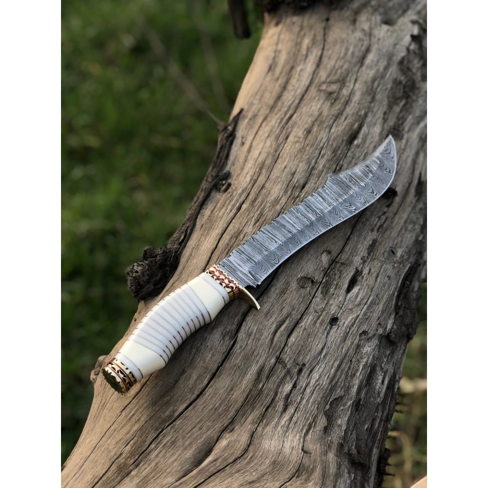Handmade Damascus Steel Blade Bowie Knife Decorated Camel Bone Handle Outdoor Hunting Knife Knives USA 4