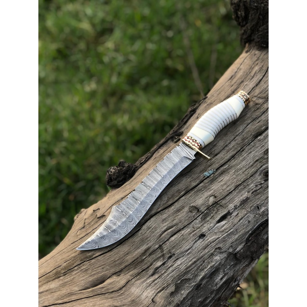 Handmade Damascus Steel Blade Bowie Knife Decorated Camel Bone Handle Outdoor Hunting Knife Knives USA 5