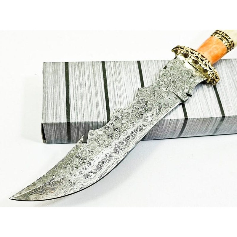 13 Damascus Blade Bowie Knife Brass But Cap Hunting Knife Bowie Knife FIxed Blade USA Beautiful Gift Premium 1