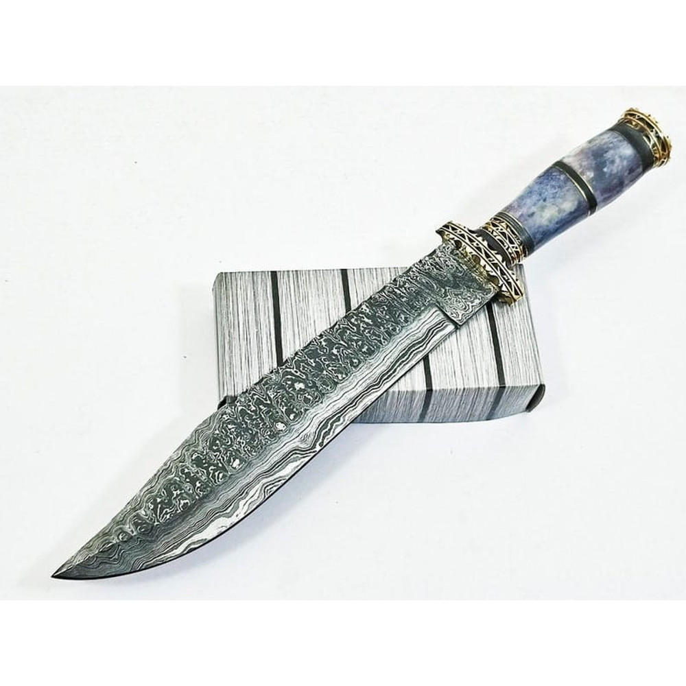 145 Damascus Blade Bowie Knife Tinted Bone Hunting Knife Bowie Knife EDC Outdoor Knife Premium Leather Sheath USA 0